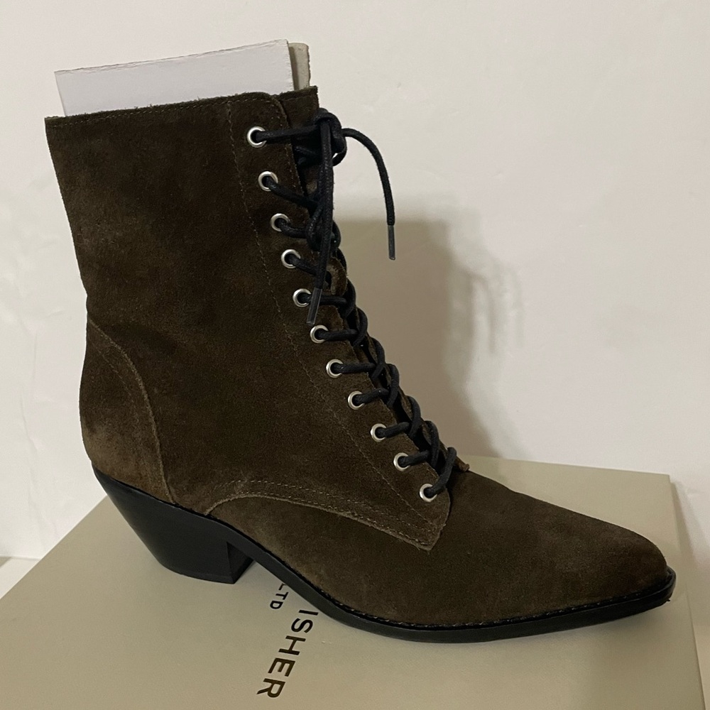 MARC FISHER Bowie Dark Green Suede Lace Up Side Zip Point Toe 2” Heel 6.5